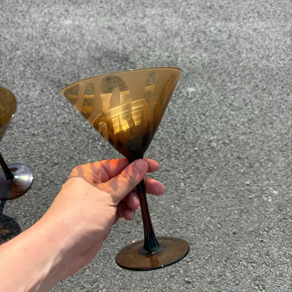 1990’s Blown Glass Brown Tortoise and Zebra Matte Vintage Martini Glasses